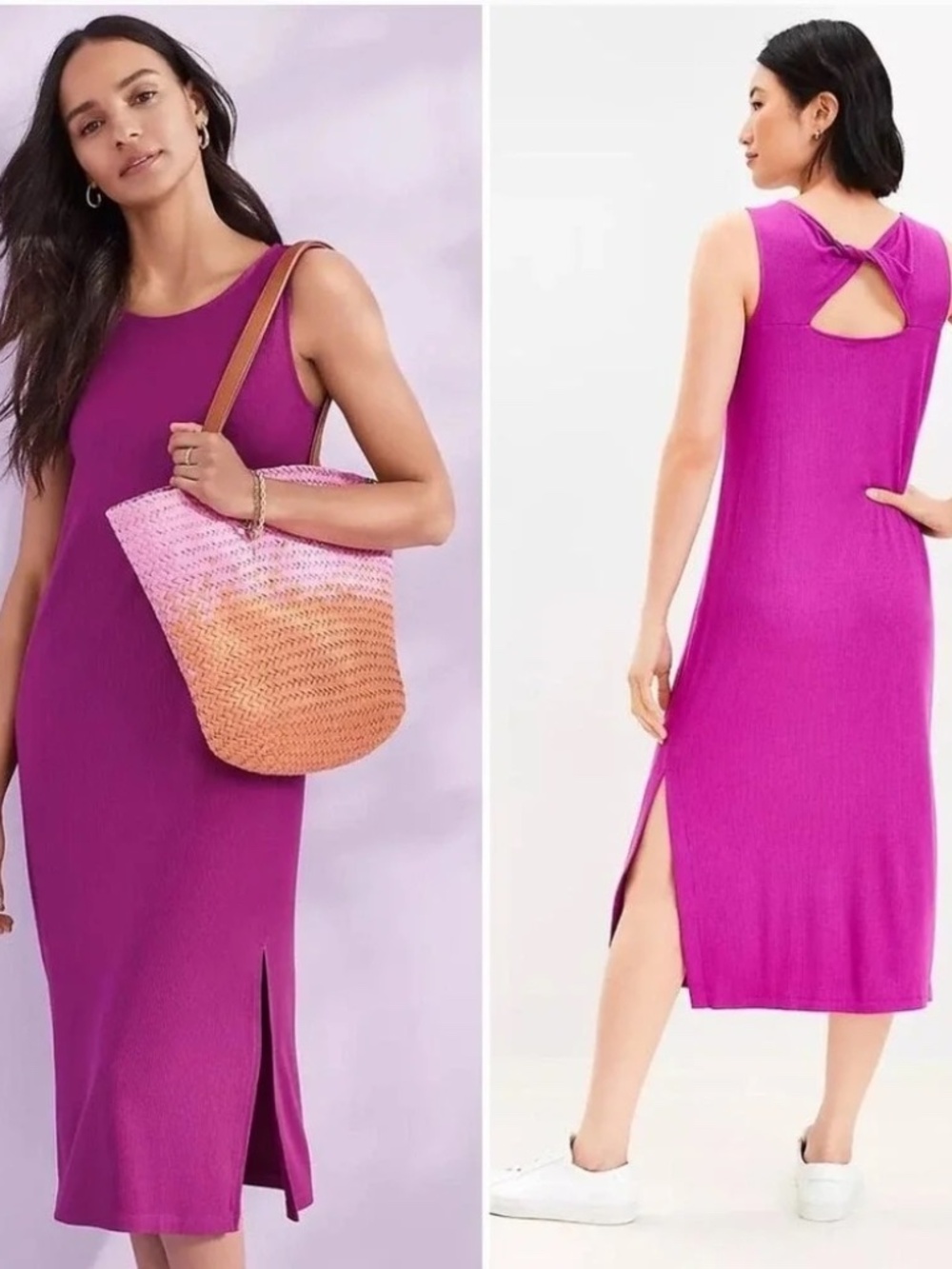 LOFT Ribbed Knit Sleeveless Midi Dress with Back Twist Detail Fuchsia Pink S
